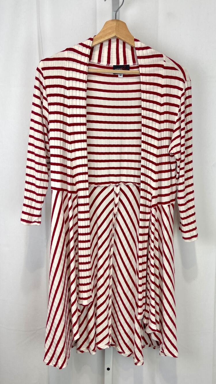 ANDRIA LIEU Collection Striped Tie Front Cardigan Tunic Topper Red White Size M